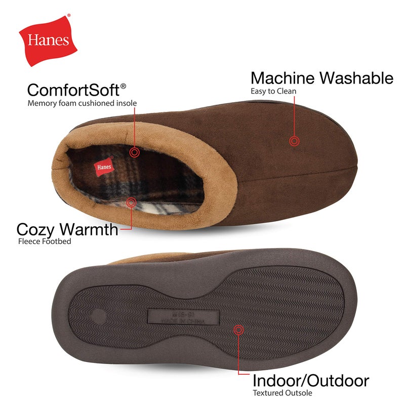 Hanes Men's Memory Foam Indoor/Outdoor Microsuede Clog Slipper Shoe, Brown, Large - Image 2